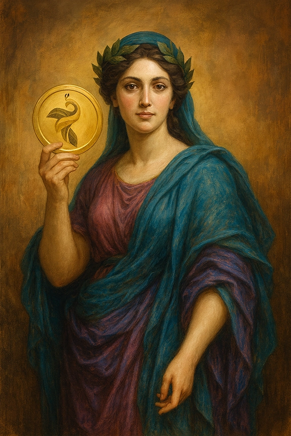 Goddess Moneta holding gold coin Goddess Moneta holding gold coin